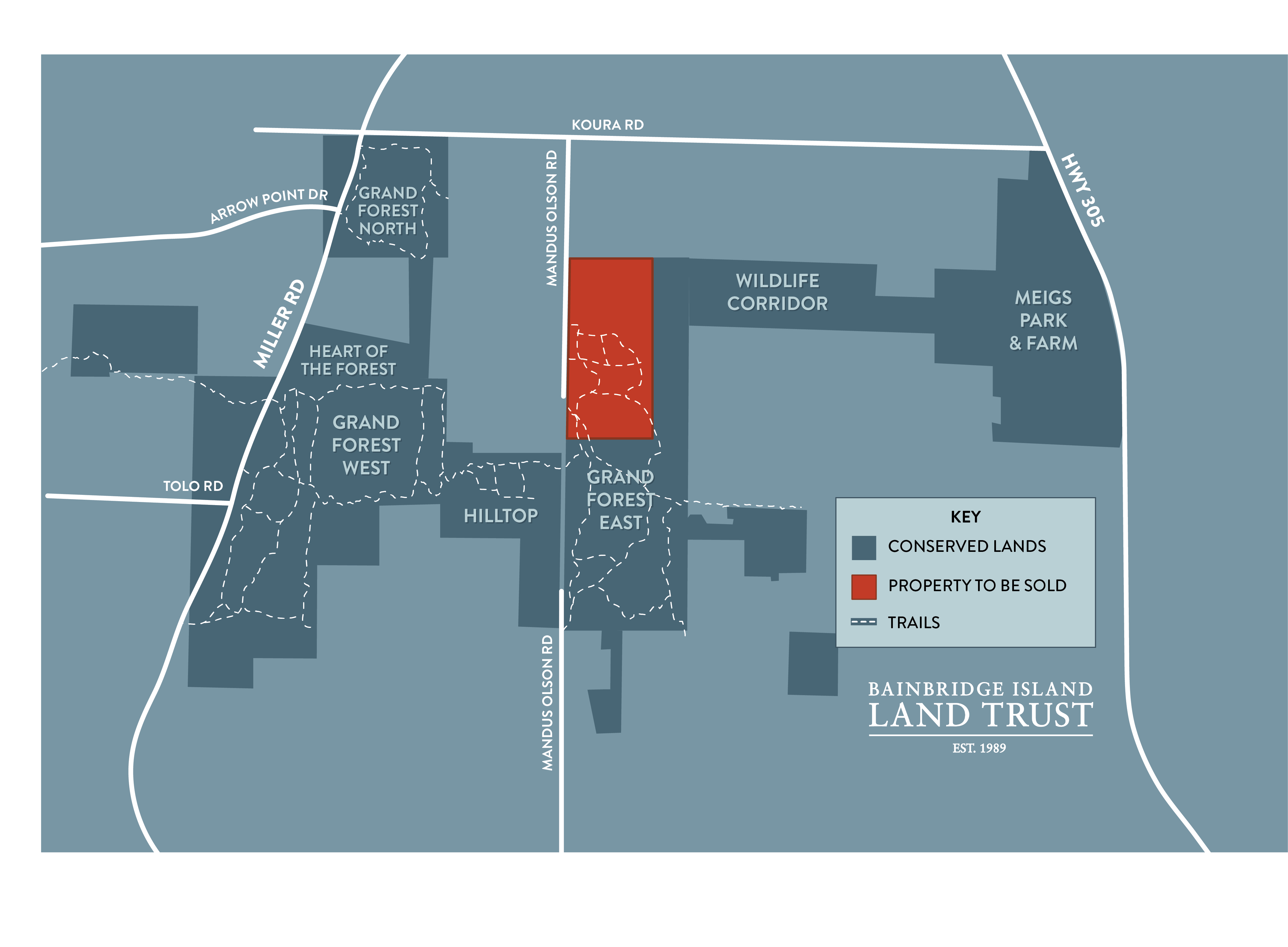 A map of the Grand Forest complex, showing conserved lands and the trail network. The property for sale is highlighted in red, located south of Koura Rd on Mandus Olson Rd.