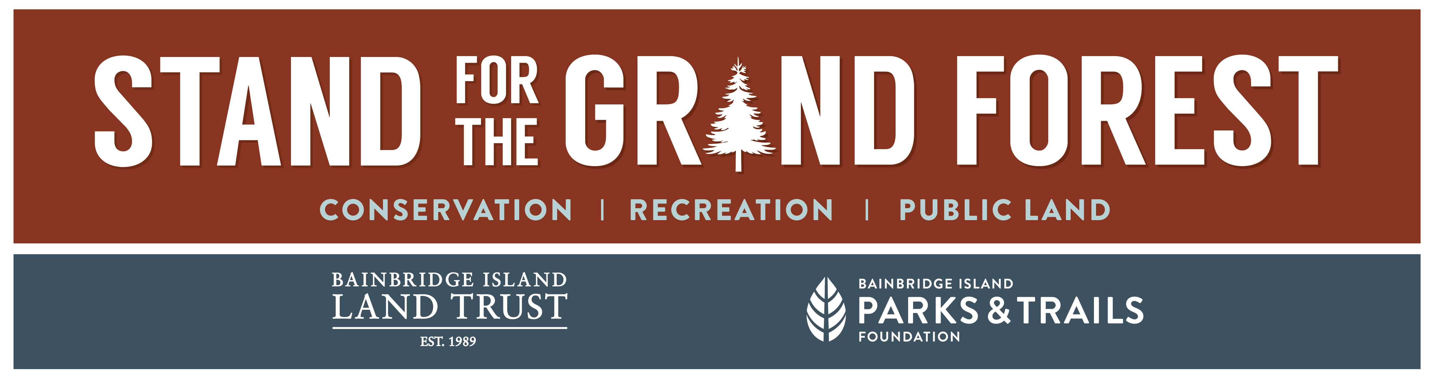 Stand for the Grand Forest logo. Subheading reads "Conservation, Recreation, Public Land"