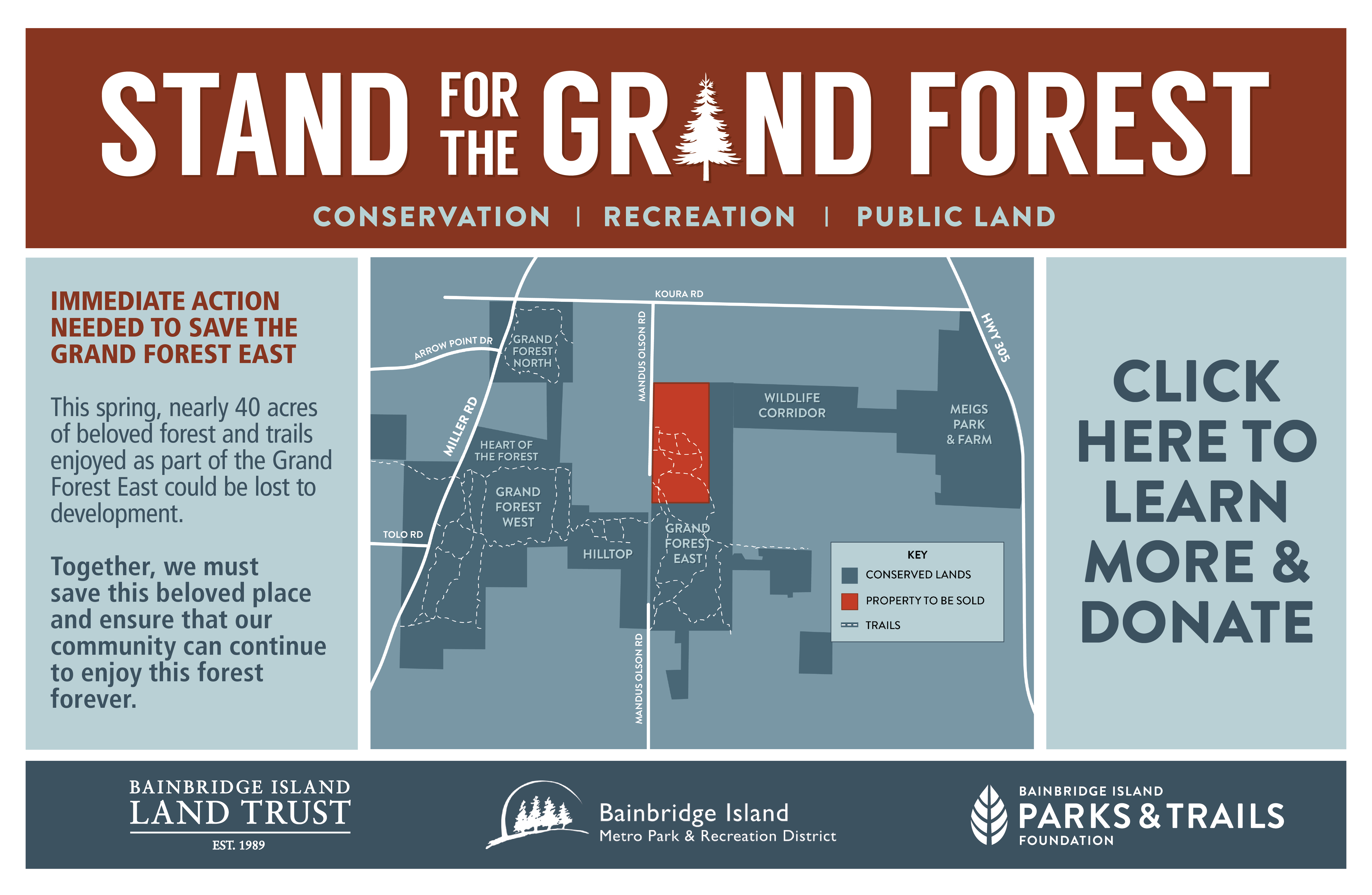 Graphic reads "Stand for the Grand Forest" in large bold letters with a map of the Grand Forest complex. Smaller text reads "This spring, nearly 40 acres of beloved forest and trails enjoyed as part of the Grand Forest East could be lost to development. Together, we must save this beloved place and ensure that our community can continue to enjoy this forest forever. Click to learn more and donate"