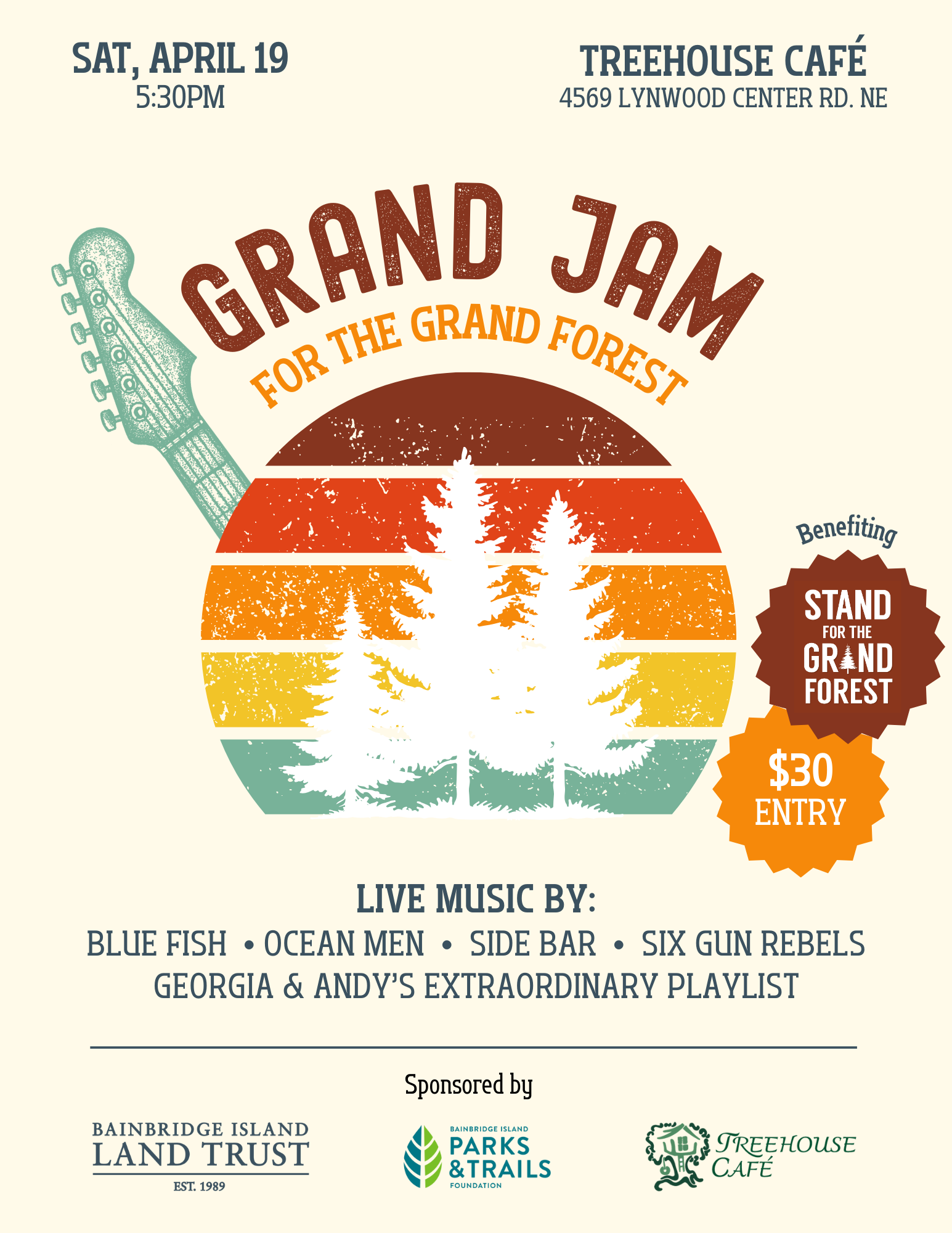 Flyer for Grand Jam with evergreen trees overlaying retro sunset graphic and guitar headstock.